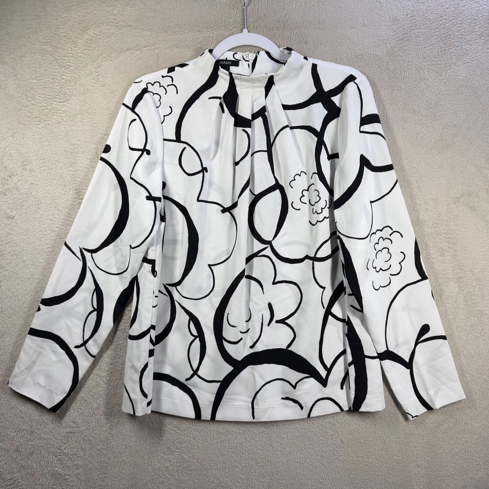 Alfani Blouse Womens Medium White Black Floral Mock Neck Career Office Top